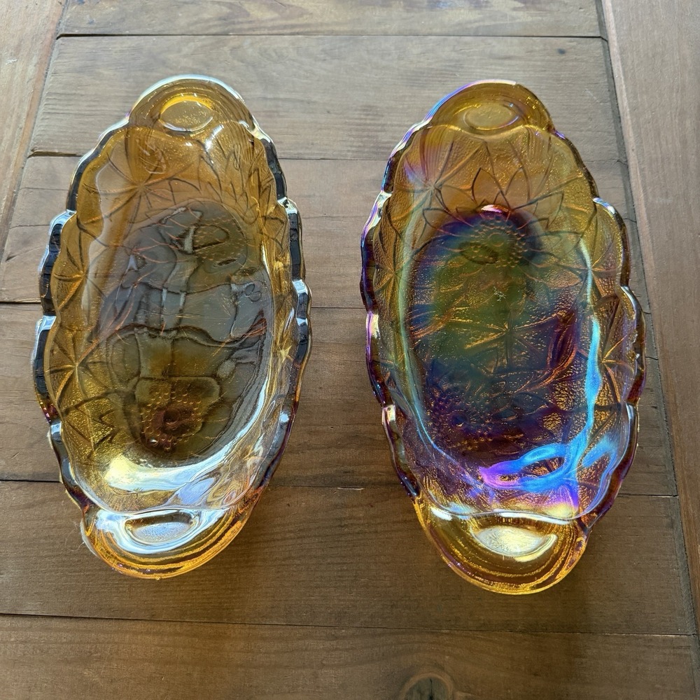 Vintage Indiana Glass Sunflower Relish Trays Pair Marigold Carnival Glass 1970s
